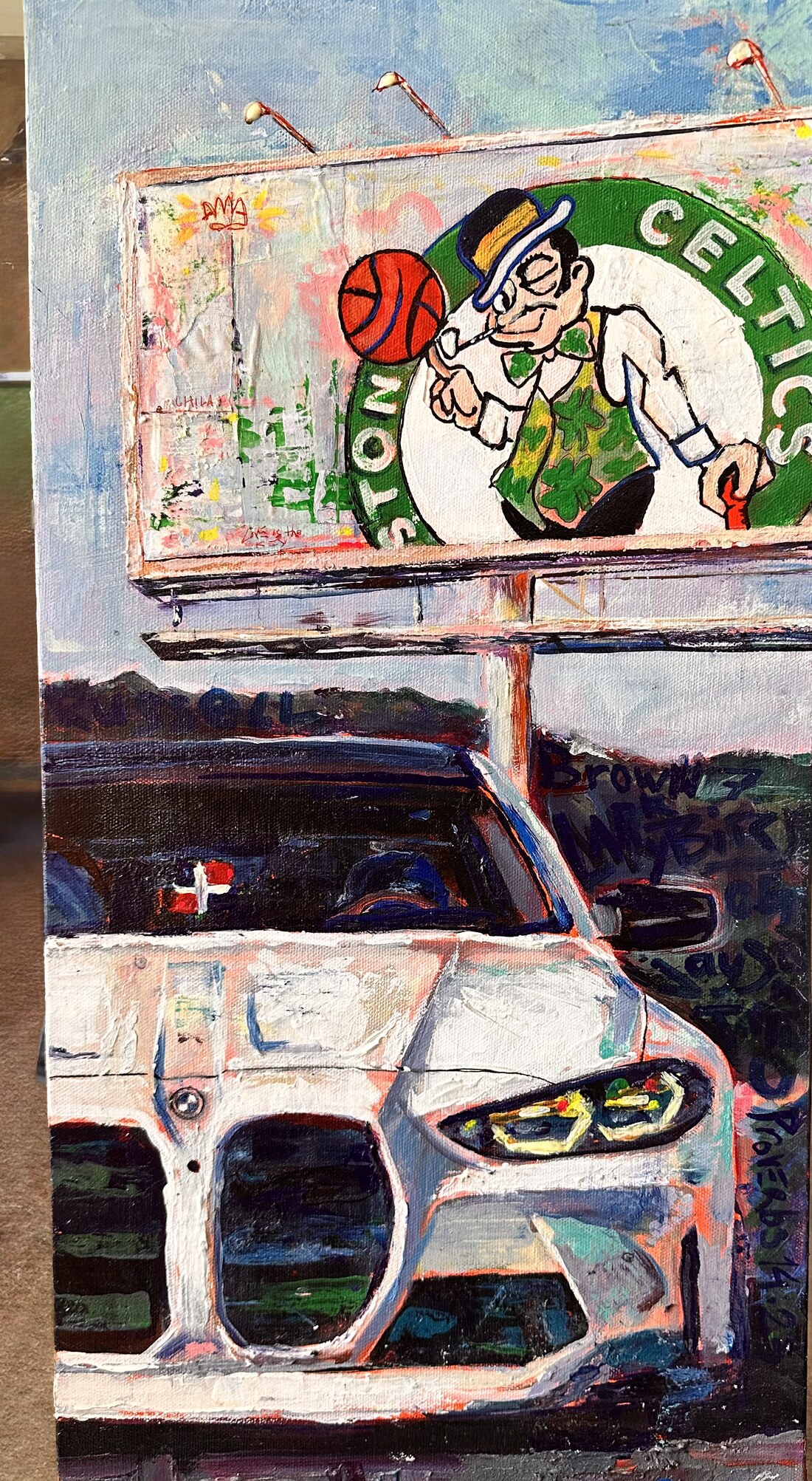 Painting of a white car and Boston Celtics billboard