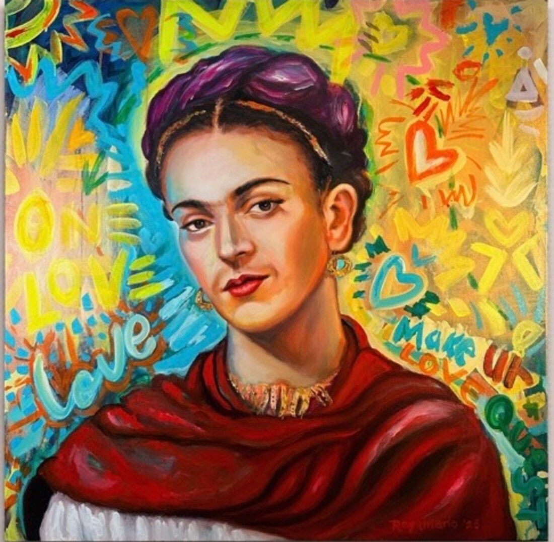 Frida Kahlo portrait with One Love graffiti